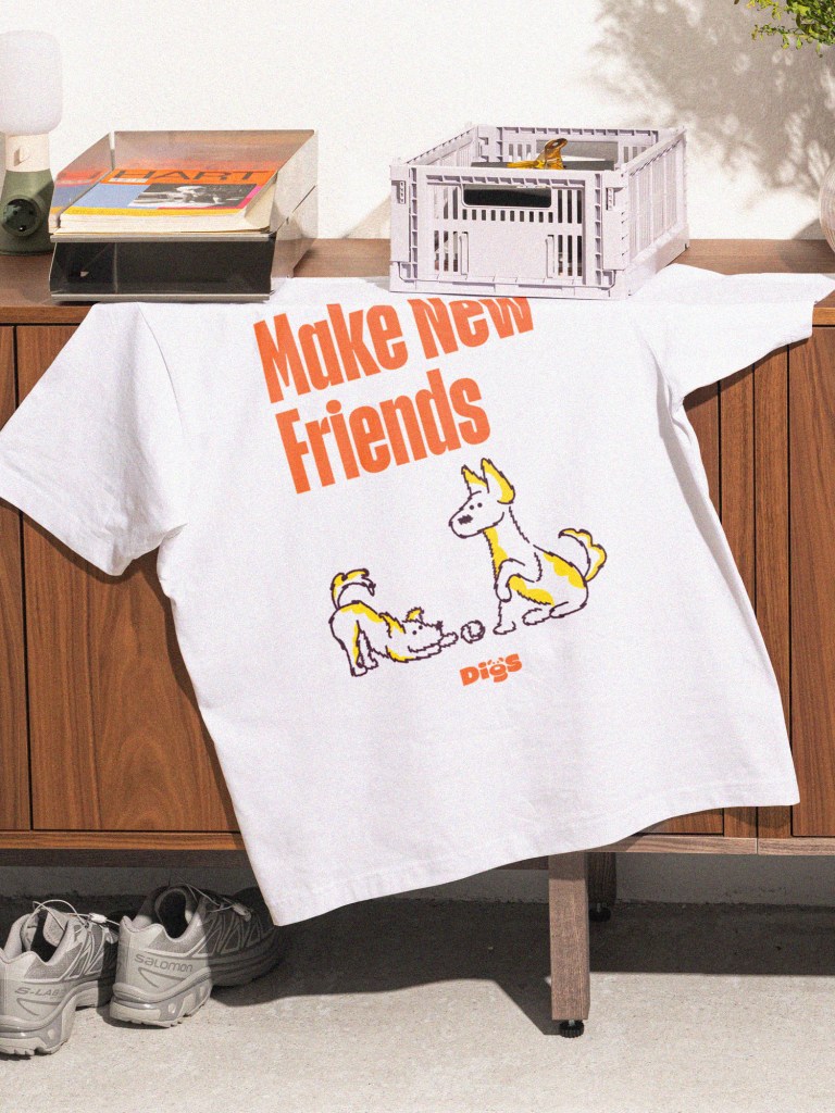 A white t-shirt featuring the phrase 'Make New Friends' with illustrations of two playful dogs, displayed on a wooden table next to a lamp and magazines.